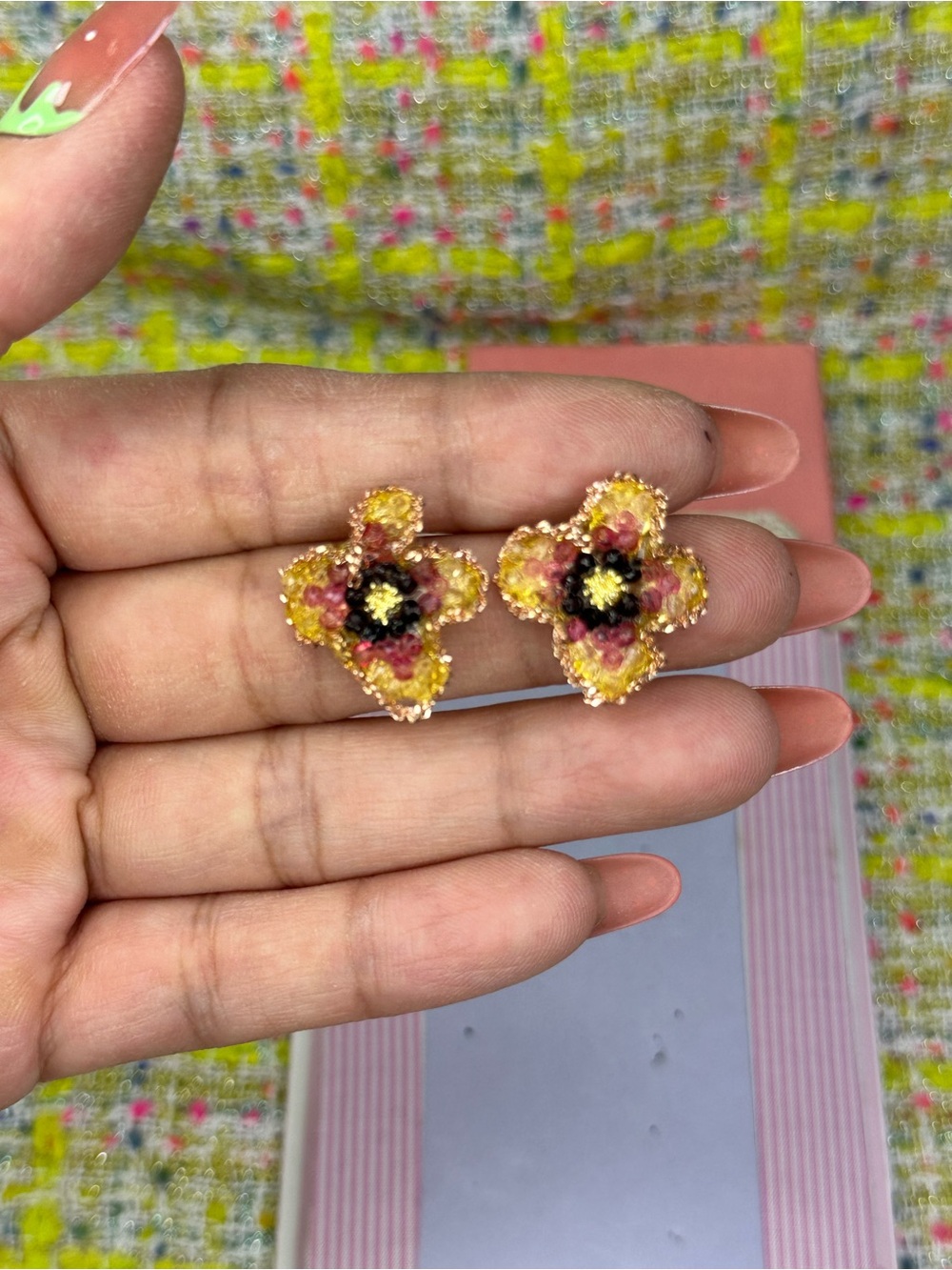AA great Handcrafted Yellow and Pink Floral Bead Stud Earrings